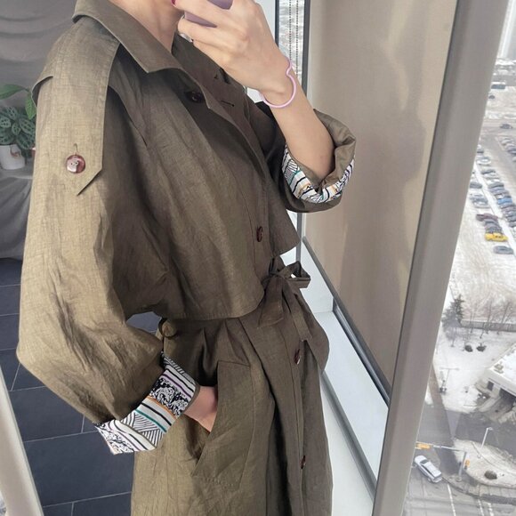 Vintage Oversized Army Green Trench Coat: Unisex Retro Style (M-2XL) - Picture 3 of 6